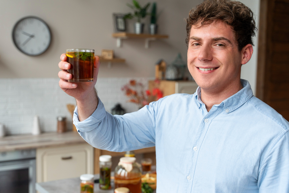 Guy holding morning drink to lose belly fat - Main Image